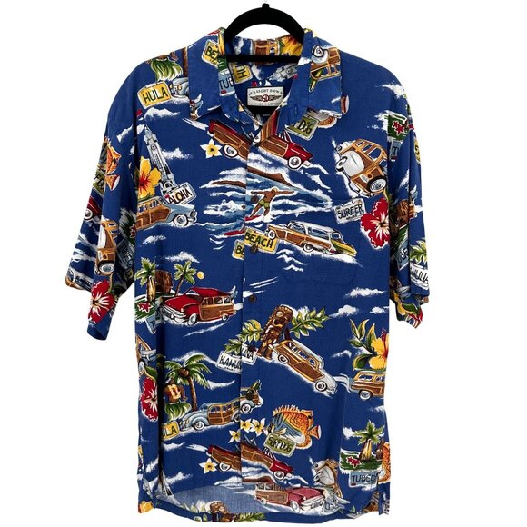 Straight Down Mens Blue Hawaiian Surf Vintage Car Print Button-Up Shirt L - Picture 1 of 9